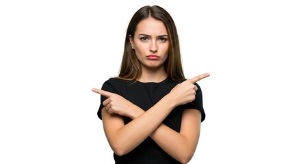 Woman pointing in opposite directions with a conflicted facial expression. Her arms are crossed as she makes the gestures.