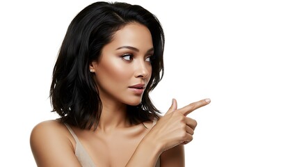 Elegant woman with dark hair points to the right with focused gaze. Ideal for showcasing a product or providing direction. Attractive, modern look.