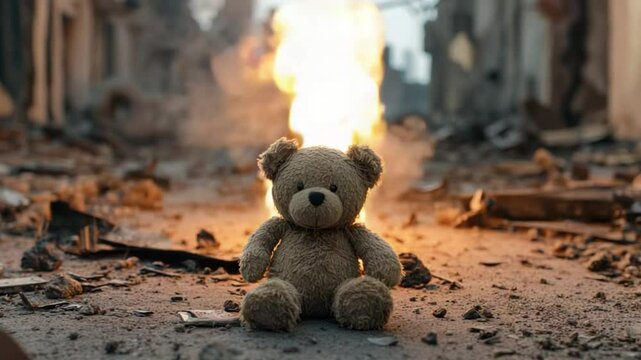 Abandoned Teddy Bear in Desolate Urban Environment Highlighting Themes of Loss and Nostalgia 4k video footage