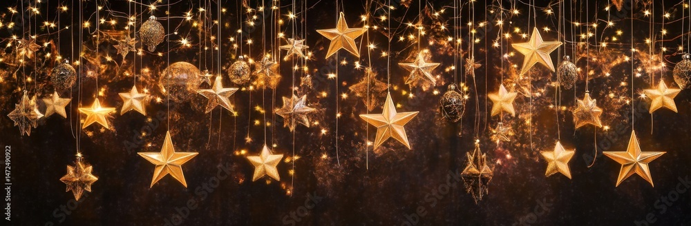 Aufkleber Glimmering gold stars and ornaments hang from strings of warm fairy lights against a dark, textured background, creating a festive and magical Christmas atmosphere. : Generative AI