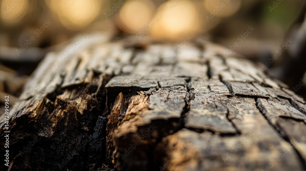Poster Close-up view of a weathered, decaying log in a forest setting, showing intricate texture and patterns of cracked wood. : Generative AI