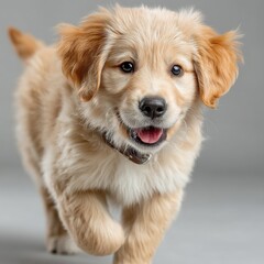 Fototapeta premium Adorable golden retriever puppy running towards the camera, playful expression, light beige fur, brown eyes, small collar, studio shot against gray background. : Generative AI