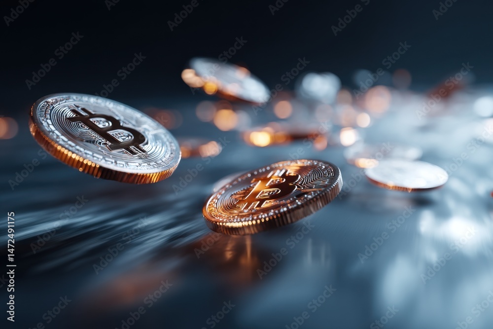Poster close-up view of several gold-toned bitcoin cryptocurrency coins falling or floating in a dark, blur