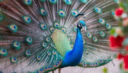 Obraz premium Majestic peacock displaying vibrant plumage in a lush garden setting.