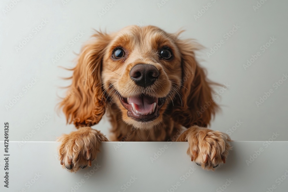 Poster happy cocker spaniel puppy peeking over a white surface, showing its paws and a joyful expression. t