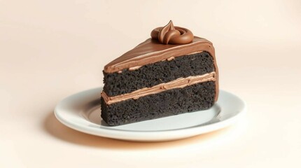 A slice of chocolate cake filled and topped with rich chocolate frosting, placed on a white plate, realistic food photography.