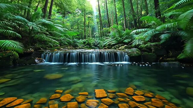 A serene cascade tumbles into a clear forest pool, revealing sunlit orange stones beneath lush green foliage