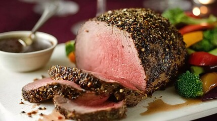 Roast beef with peppercorns served with vegetables and sauce on a white plate.