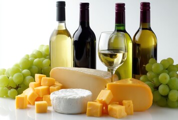 Naklejka premium Assorted Cheeses with Wine Bottles and Fresh Grapes on a White Background for Culinary and Dining Themes