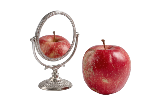 A red apple reflection in a silver hand mirror on perfect for health beauty and wellness concepts ideal for magazines on transparent background blog
