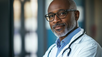 Fototapeta premium A confident healthcare professional wearing a white coat and glasses looks directly at the camera. This portrait captures the essence of dedication in the medical field.