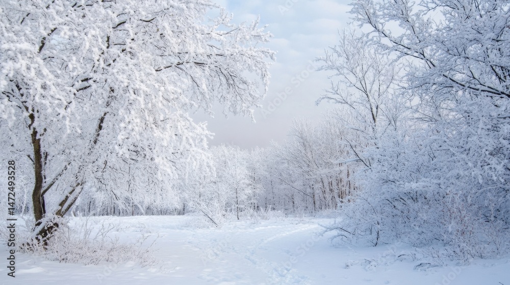 Leinwandbilder a snowy path winds through a winter wonderland, where frost-covered trees stand tall under a pale sk