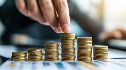A focused hand places a coin on a growing stack of coins, symbolizing investment and financial growth. In the background, financial charts enhance the theme of saving and wealth accumulation.