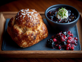 a top-down shot of a single popover on a rustic wooden board, accompanied by a small bowl of berry compote and a sprig of rosemary.