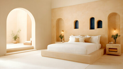 Serene bedroom with arched niches, neutral palette, and minimalist decor