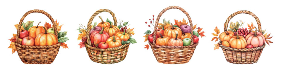 Set of autumn baskets watercolor png. Baskets filled with autumn pumpkins, apples, autumn leaves and more. Autumn harvest elements, Thanksgiving elements, etc.