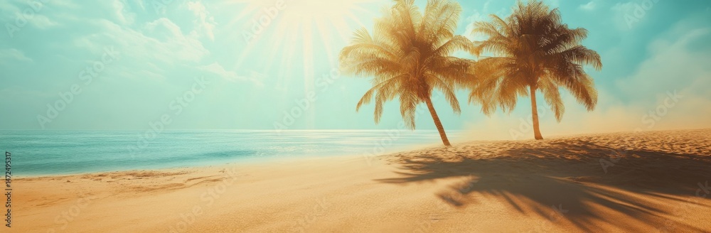 Poster two palm trees cast long shadows on a tranquil beach at sunset, the sun's rays illuminating the sere
