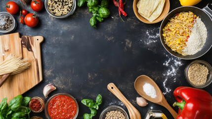 Aromatic Italian cooking ingredients arranged on a dark rustic surface, featuring pasta, corn, tomatoes, basil, and various spices, ready for culinary creation. : Generative AI