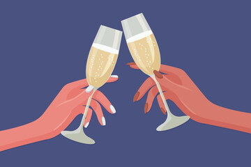 womens hands holding champagne glasses saying cheers flat vector illustration. © Marina