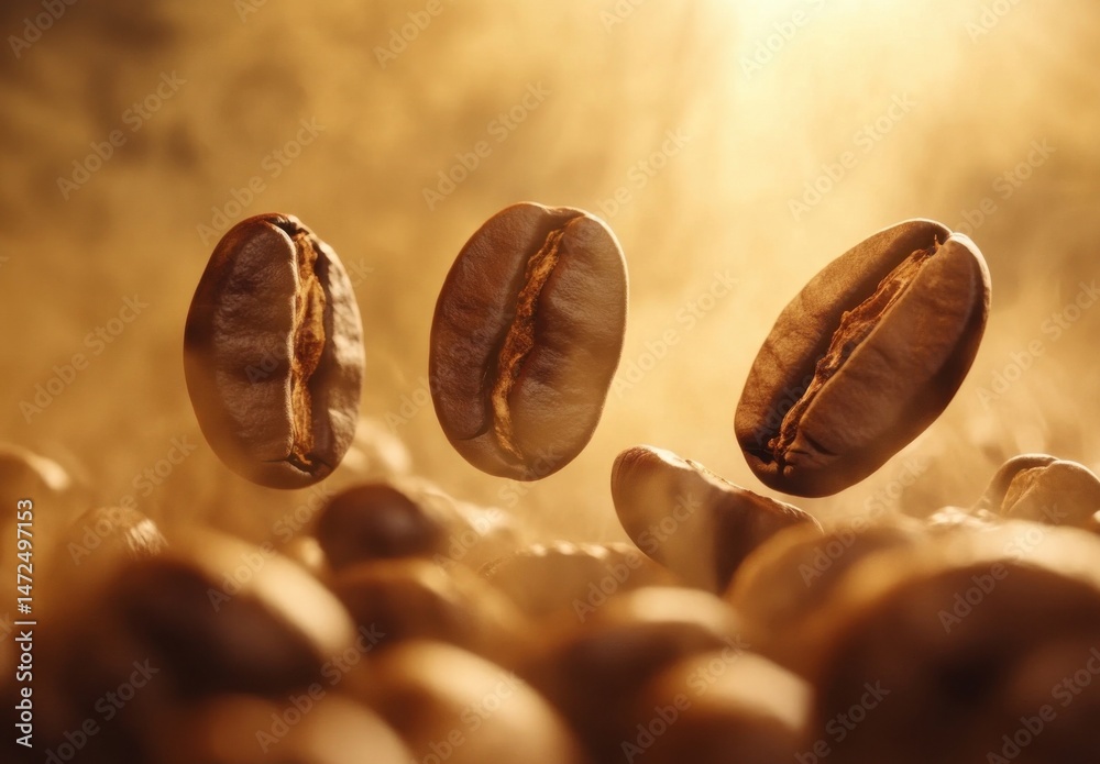 Poster three roasted coffee beans levitate above a pile of others, illuminated by warm, golden light and su