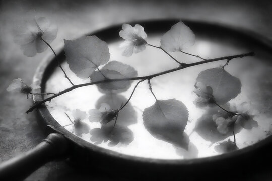 a close-up abstract photograph showing only a curved section of a round mirror reflecting distorted leaf patterns in high contrast black and white. - Powered by Adobe