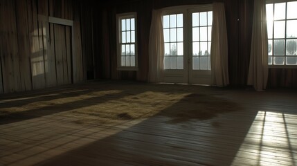 Obraz premium Spacious sunlit room with wooden walls looking inviting and minimalist