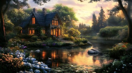Fototapeta premium Charming cottage by a serene lake at dawn