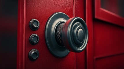 Intriguing Door Detail: Close-up of a classic, robust red door with a contrasting, detailed handle, showcasing a design of elegance and security. 