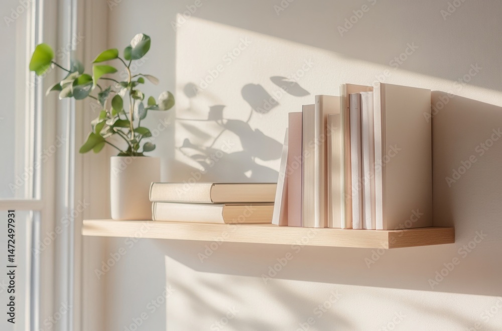 Poster sunlight illuminates a minimalist shelf with books and a plant, casting gentle shadows on a light be