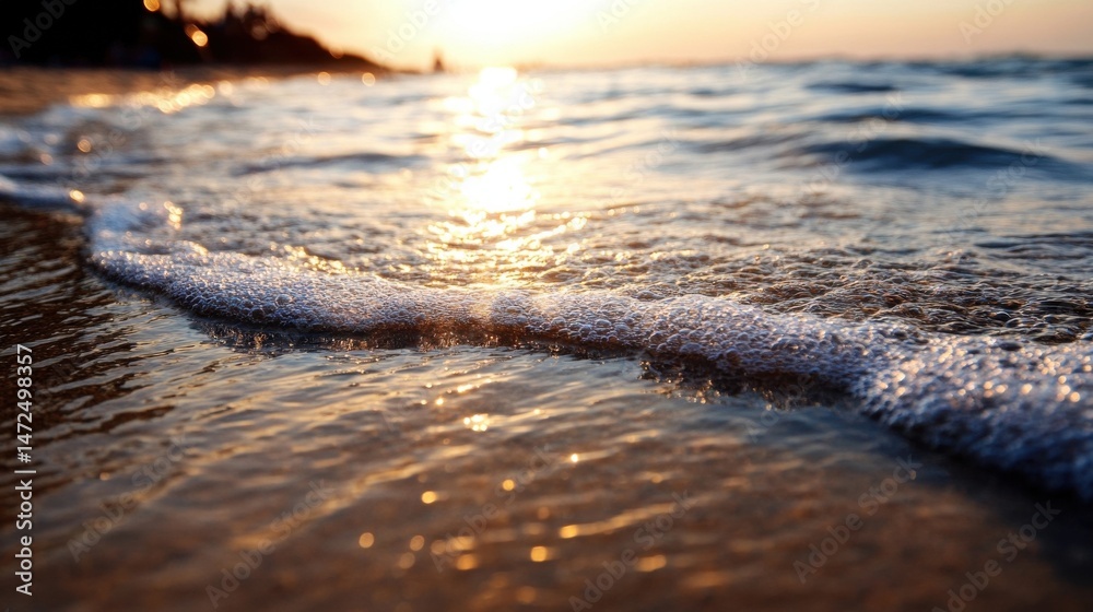 Poster golden sunset light illuminates the foamy ocean wave gently lapping onto a sandy beach, creating a t