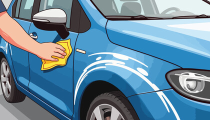 Technician hand-drying blue car after wash, achieving a streak-free shine