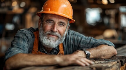 Bearded worker in a hardhat rests on wood, smiling with kind eyes in workshop