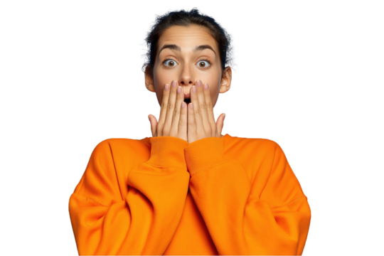 Astonished woman in orange sweatshirt shocked expression closeup portrait studio shot amazement surprise reaction facial on transparent background