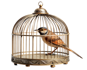 bird in cage isolated on white background. Transparent PNG file available with high quality.
