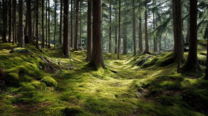 Obraz premium Serene Pine Forest Floor with Lush Green Moss and Layered Atmosphere