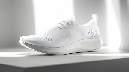 A white athletic shoe is displayed on a simple gray platform.