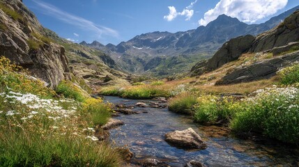 Serene Mountain Valley with Wildflowers and Clear Streaming Water