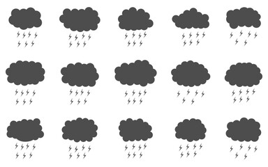 Rainy Cloud Icons: A series of minimalistic weather icons, each depicting a dark cloud with accompanying rain and lightning, set against a clean backdrop.