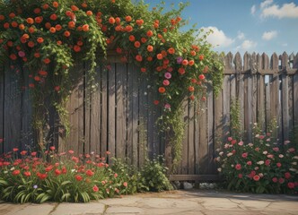 Obraz premium Distressed fence panels, lush climbing vines, vibrant flowers, antique border elements , design, nature, spring