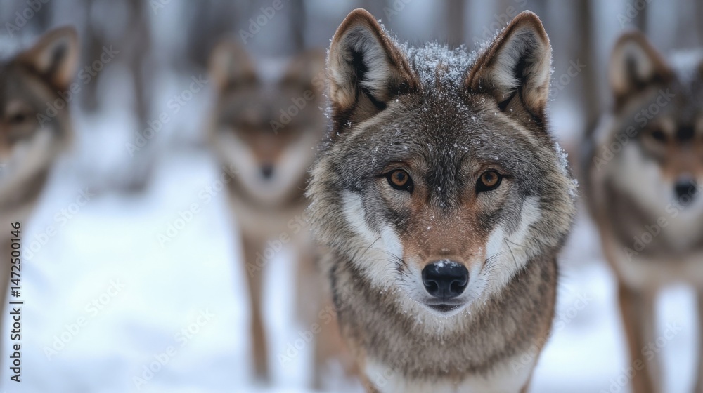 Poster a gray wolf with snow on its fur stares intently forward, two other wolves blurred in the background