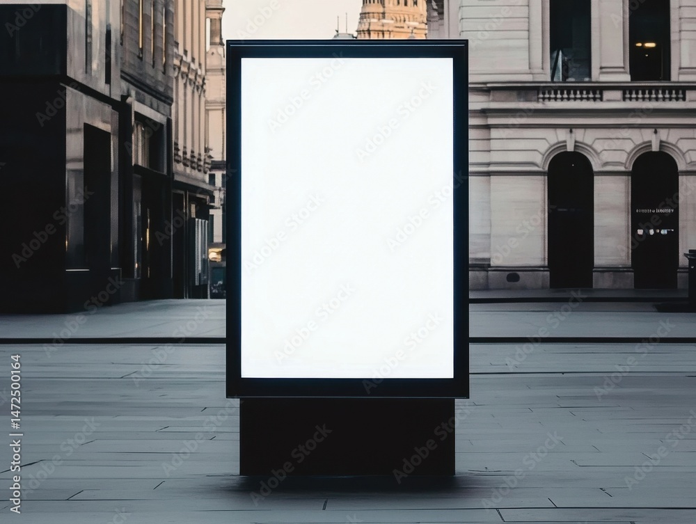 Poster blank vertical billboard mockup in a city setting, showcasing a bright white display against a backd