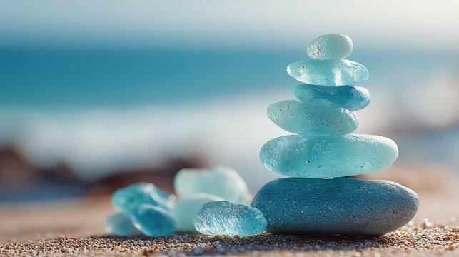 Stack of sea glass pebbles on a sandy beach with ocean in background.