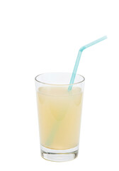 A tall glass with liquid and straw on an isolated black background, drink is refreshing