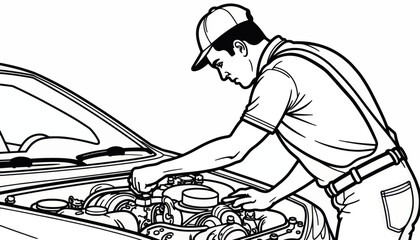 Mechanic inspecting car oil system in minimalist vector style, vehicle maintenance