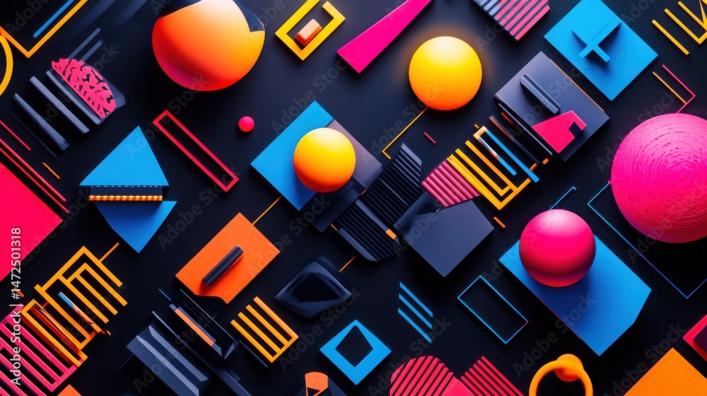 Poster a vibrant array of geometric shapes and spheres scattered on a dark background creating a modern des