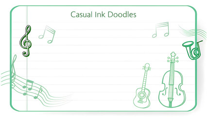 notebook doodles Casual music-themed ink doodles featuring instruments and notes on a lined background.