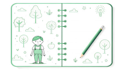 notebook doodles Notebook illustration featuring nature doodles and a character with a pencil.