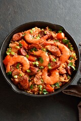 Creole style jambalaya with prawn, smoked sausages and vegetable
