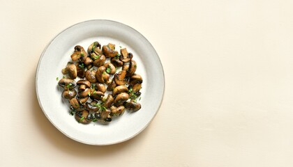 Stewed mushrooms with greens on light background with free space