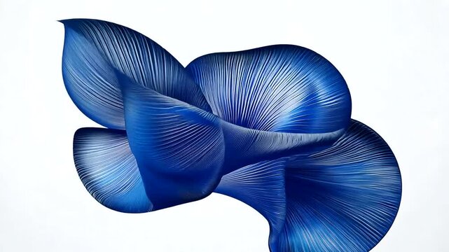 Luminous blue abstract form with delicate parallel ridges, suggesting fluid, organic movement